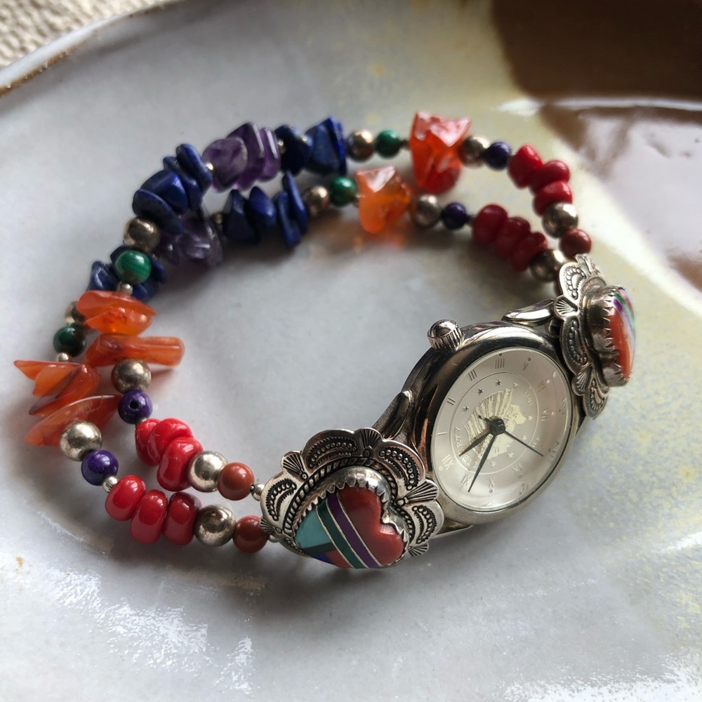 Vintage QT Quoc Sterling silver & semi precious stone boho native watch